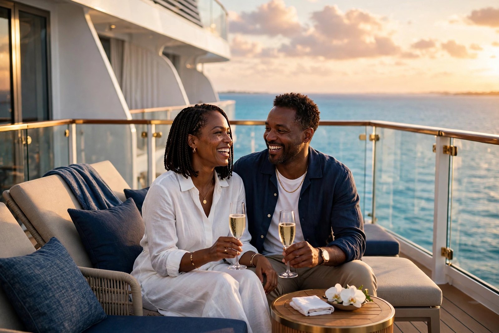 Smiling couple sharing champagne on a cruise ship balcony over turquoise water