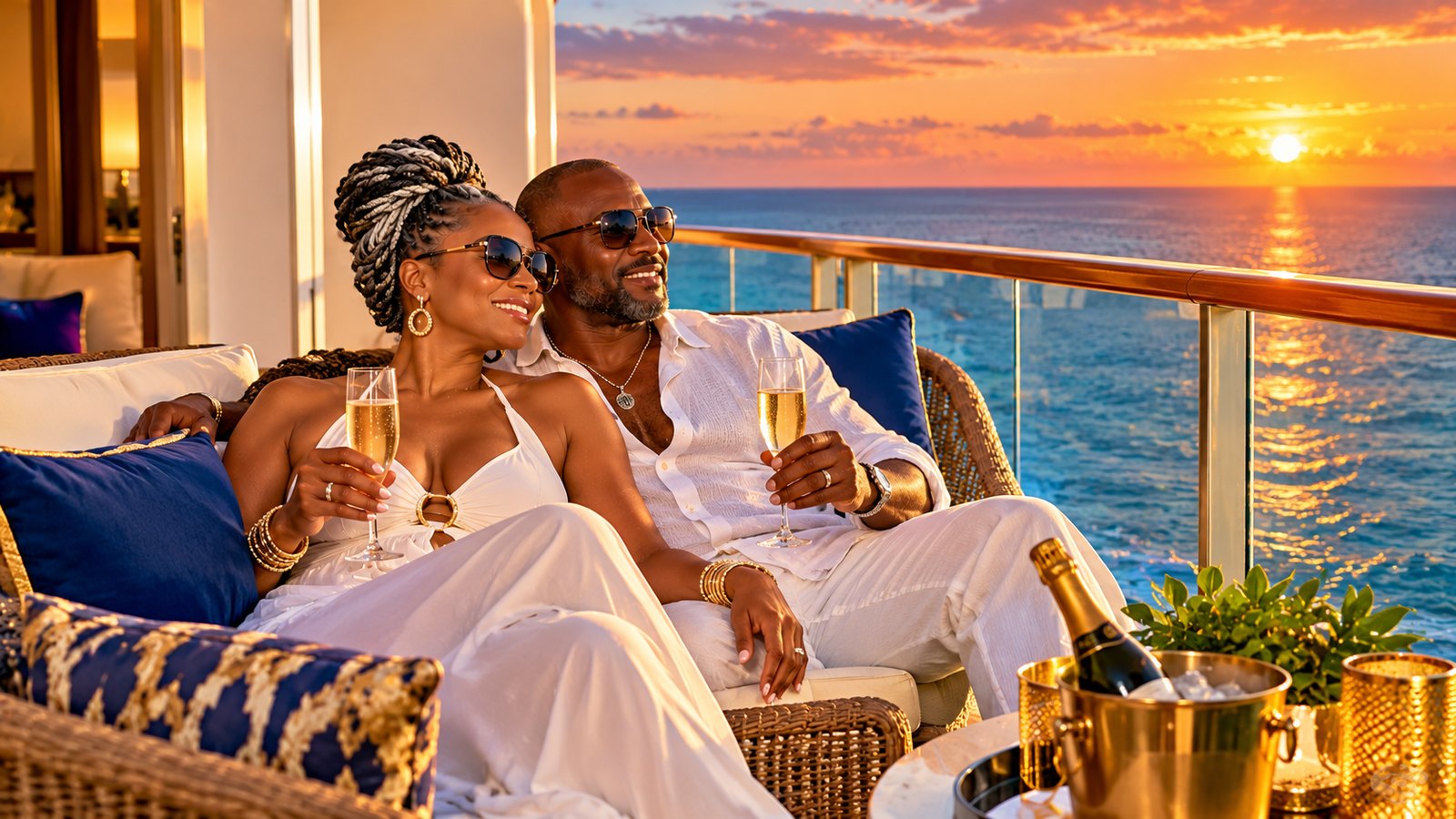 Couple in white relaxing with champagne on a cruise balcony at sunset