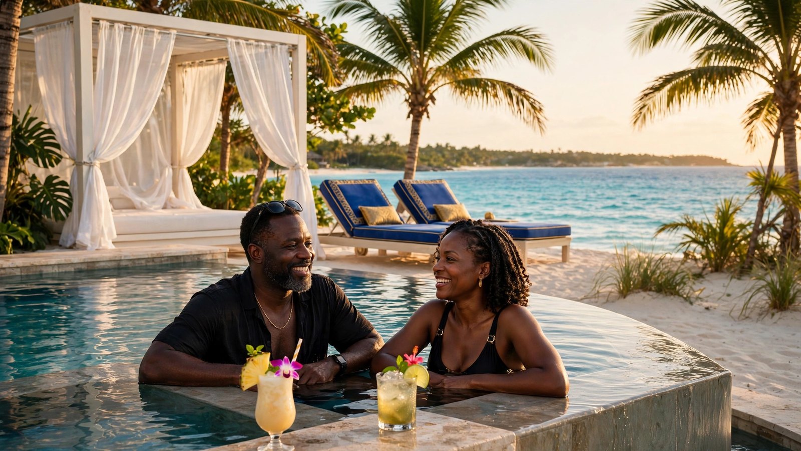 Smiling couple with tropical drinks in a beachfront infinity pool beside a white cabana and royal blue loungers